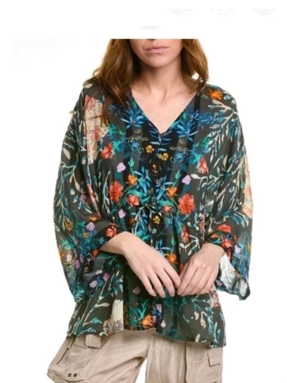 Sz M Johnny Was Devena Kashim Dark Green Boho Floral Top